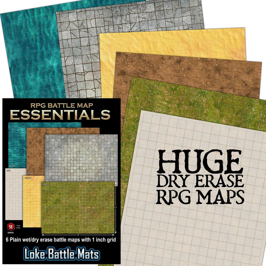 Essential RPG Battle Maps Starter Set. 6 Plain Wet/Dry Erase Battle Maps with 1 inch grid