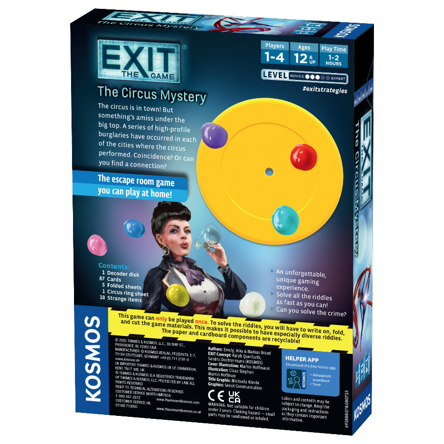 Exit Circus Mystery escape room game. Solo play, 1-4 players. Difficulty 3/5