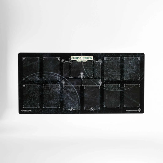 Gamegenic Arkham Horror LCG Investigator Game Mat featuring official game artwork and designated card slots for player dashboards.