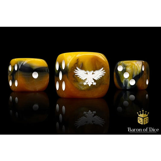 Inquisition Gold Dice Set by Baron of Dice. Perfect for games such as Warhammer.
